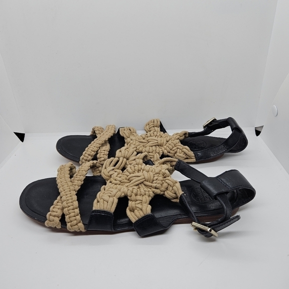 Tory Burch black leather and tan macrame Fleur flat sandals 8.5M - Picture 3 of 9